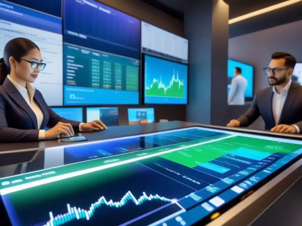 Inversión de vanguardia en mercado emergente: Futuro financiero vibrante Inversiones inmobiliarias en mercados fronterizos: escena futurista de un distrito financiero bullicioso con rascacielos y tecnología avanzada