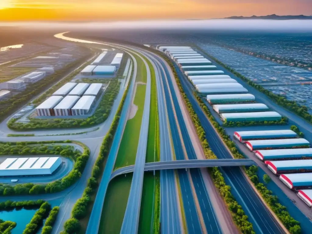 Frontera en crecimiento: ciudad moderna en atardecer vibrante Inversiones inmobiliarias en mercados fronterizos: Una ciudad fronteriza bulliciosa al atardecer, con un moderno horizonte de rascacielos, un río serpenteante y un concurrido cruce fronterizo