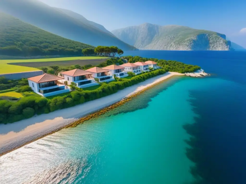 Inversiones exclusivas: costa de Montenegro y arquitectura moderna Inversiones inmobiliarias en Montenegro: Vista aérea impresionante de costa, aguas cristalinas del mar Adriático y lujosas villas frente al mar