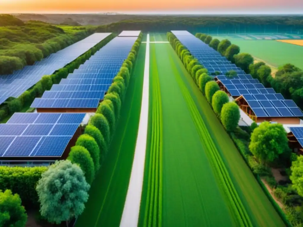 Desarrollo inmobiliario sostenible: modernidad y naturaleza Inversiones inmobiliarias normativas ambientales: Desarrollo sostenible con edificios ecoamigables, naturaleza exuberante y paneles solares