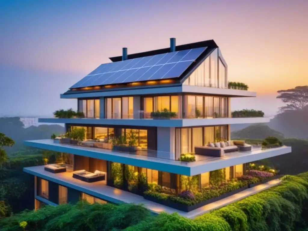 Edificio ecofriendly de lujo entre naturaleza al atardecer Inversiones inmobiliarias normativas ambientales: Edificio moderno rodeado de vegetación, paneles solares y diseño ecológico