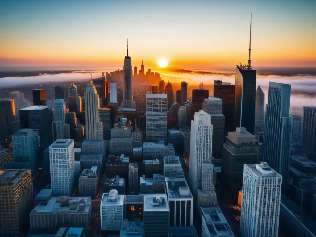 Renacer urbano: Ciudad posCOVID, vibrante y diversa Inversiones inmobiliarias postCOVID Norteamérica: Atardecer vibrante en una ciudad dinámica con rascacielos y edificios históricos