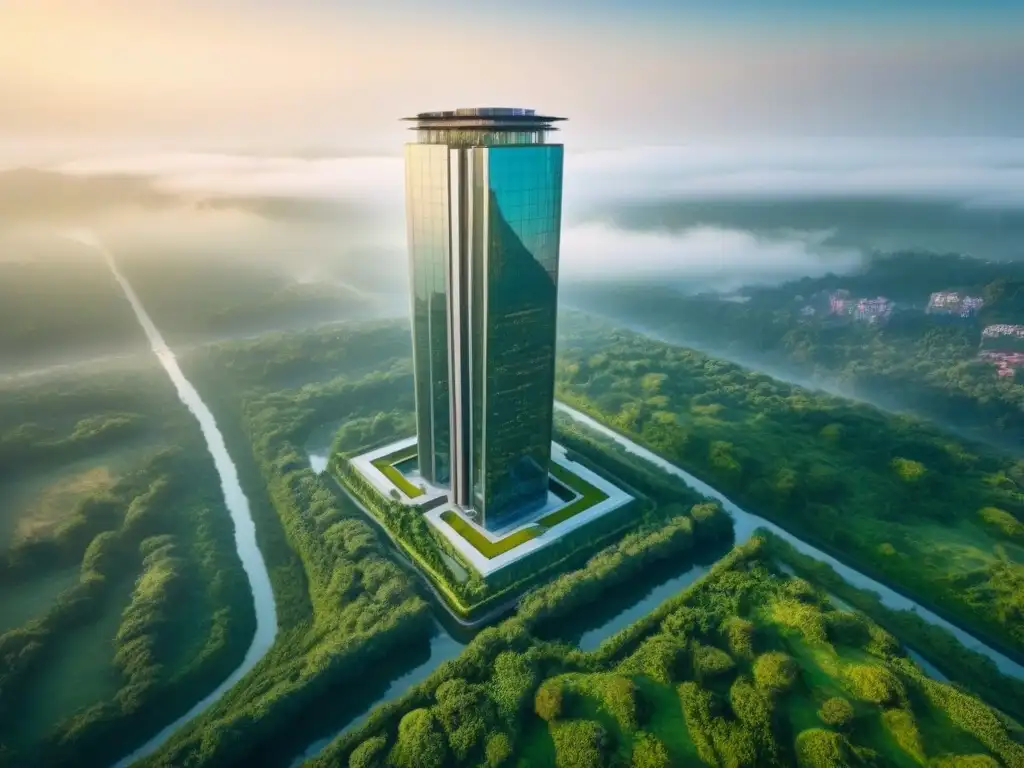 Inversión inmobiliaria: armonía urbana y natural Inversiones inmobiliarias offshore precauciones: un rascacielos moderno rodeado de vegetación, fusionando sofisticación urbana con belleza natural