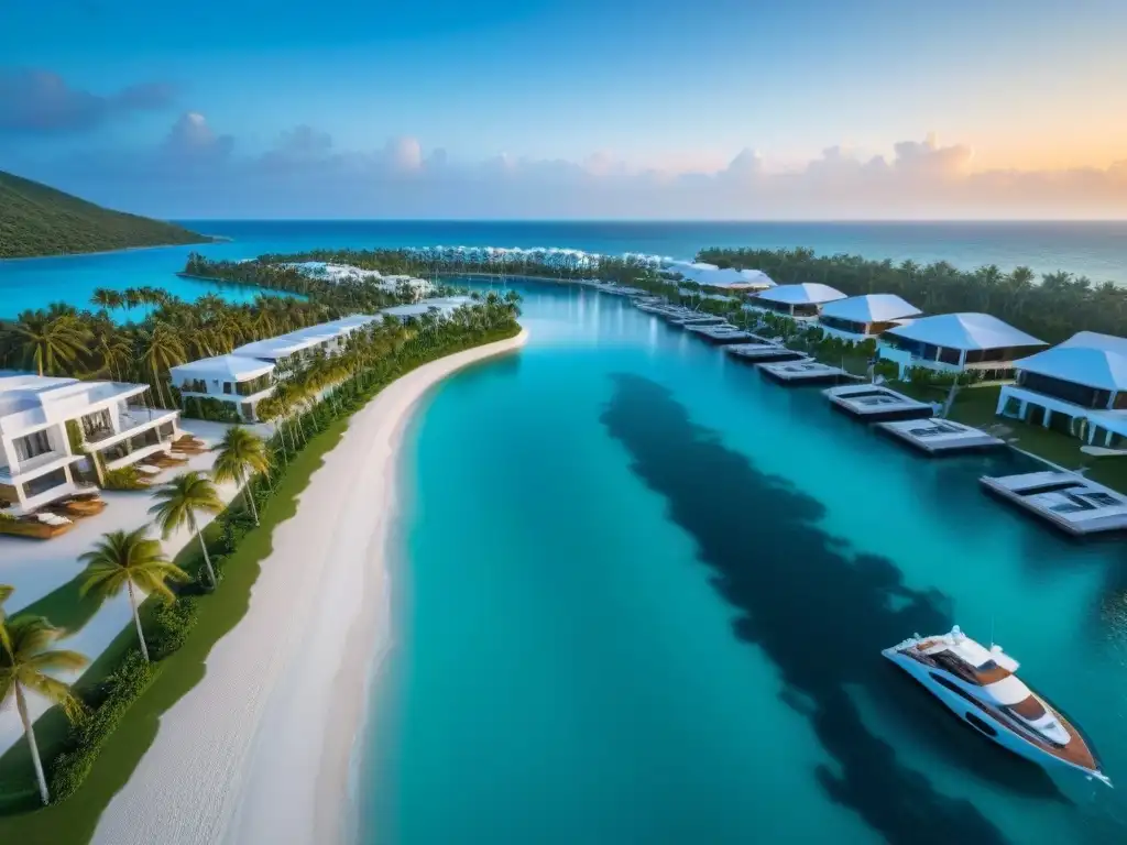 Paraíso de lujo: inversión inmobiliaria en playa exclusiva Inversiones inmobiliarias offshore precauciones: Atardecer lujoso en playa paradisíaca con propiedades de lujo y yates en muelle privado
