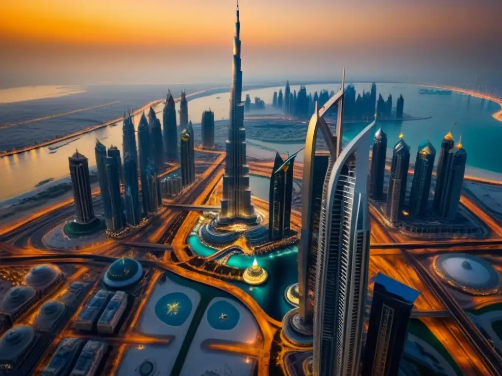 Horizonte futurista de Dubai al atardecer: Burj Khalifa y lujo urbano Inversiones inmobiliarias en Medio Oriente: Vista aérea de Dubai con el Burj Khalifa y rascacielos relucientes bajo un atardecer dorado