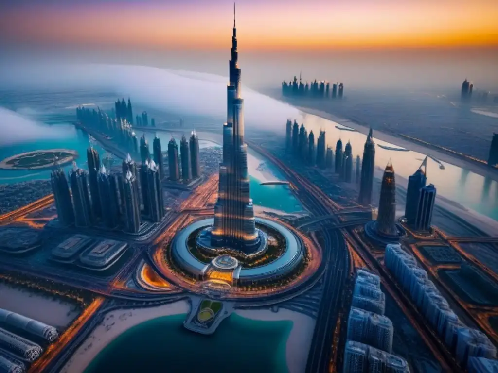 Esplendor urbano: Burj Khalifa y skyline futurista de Dubai al atardecer Inversiones inmobiliarias en Medio Oriente: Majestuosa vista aérea de Dubai, con el icónico Burj Khalifa y relucientes rascacielos al atardecer