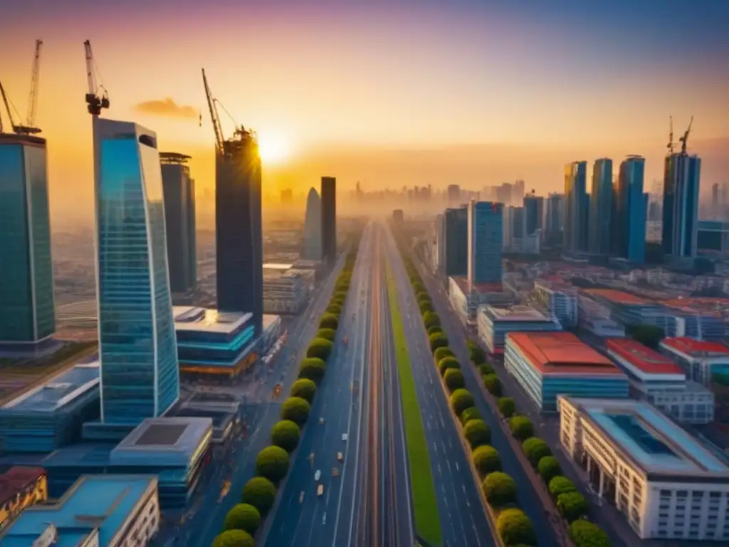 Espléndido atardecer en ciudad en crecimiento Inversiones inmobiliarias en países en desarrollo: ciudad bulliciosa al atardecer, mezcla de rascacielos modernos y edificios tradicionales