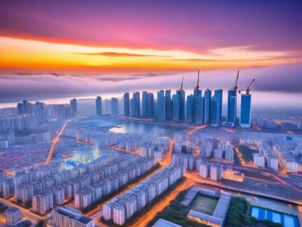 Horizonte urbano en crecimiento: oportunidades inmobiliarias en países en desarrollo Inversiones inmobiliarias en países en desarrollo: Ciudad bulliciosa al atardecer con rascacielos y grúas de construcción