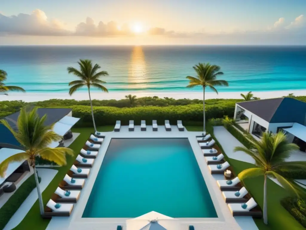 Propiedad de lujo frente al mar en el Caribe: atardecer paradisíaco Inversiones inmobiliarias en el Caribe: propiedad de lujo en la playa con aguas turquesas, palmeras y atardecer dorado