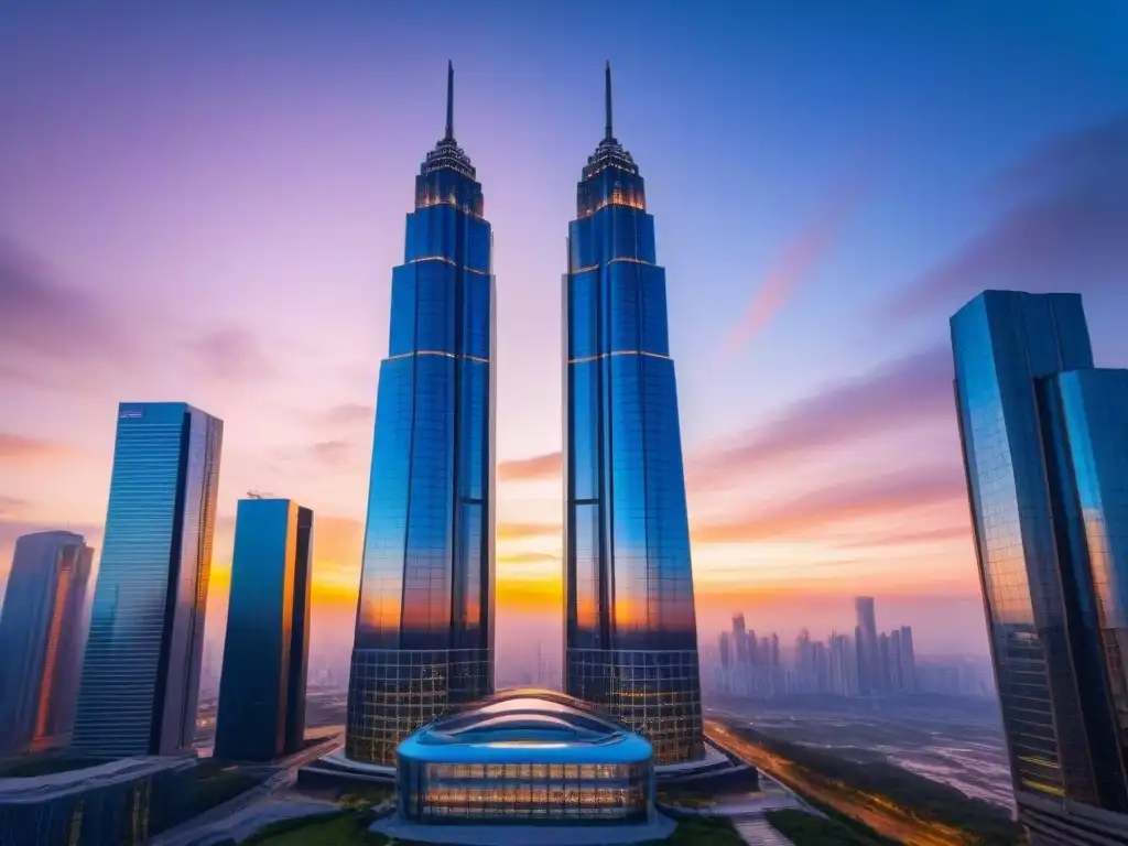 Rascacielos futurista: innovación y lujo al atardecer PropTech revolucionando inversiones inmobiliarias: Un rascacielos futurista y lujoso se alza contra un atardecer vibrante