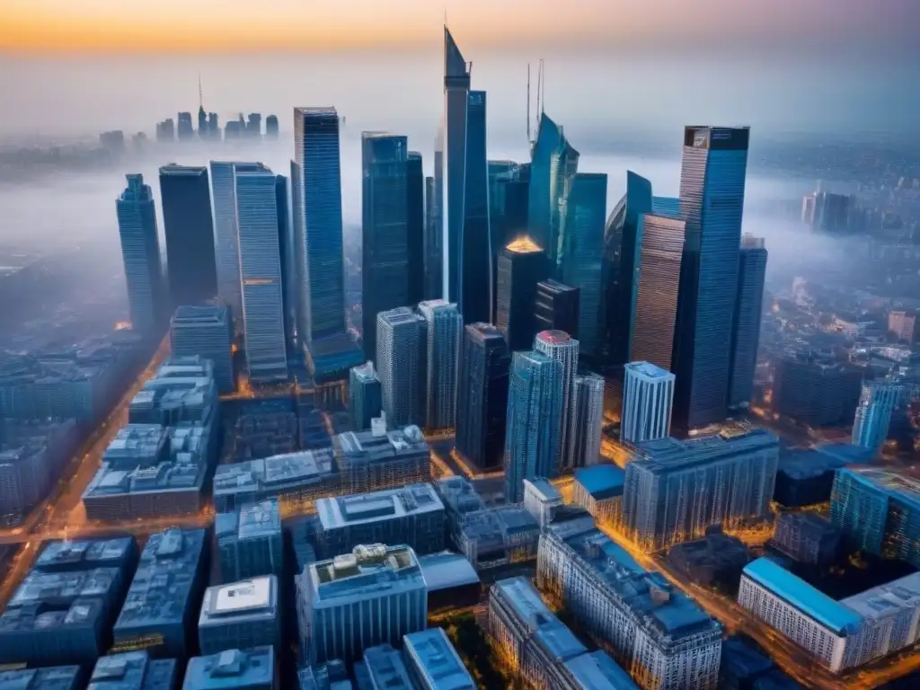 Cityscape: Resiliencia y Valor en Inversiones Inmobiliarias Inversiones inmobiliarias rentables en recesiones: Vista aérea impresionante de una ciudad bulliciosa con rascacielos modernos y edificios históricos, representando estabilidad y crecimiento