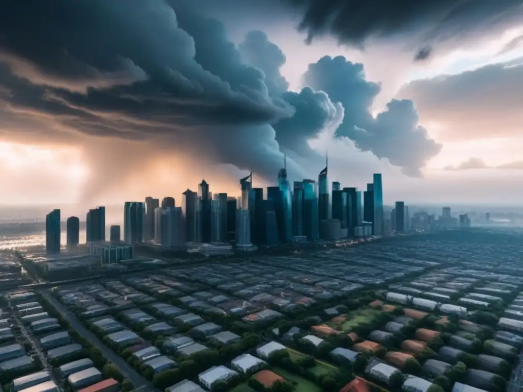 Desafiando la recesión: ciudad moderna bajo nubes tormentosas Inversiones inmobiliarias rentables en recesiones: Ciudad con arquitectura moderna en contraste con nubes de tormenta