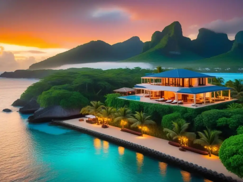 Propiedad de lujo en el Caribe: atardecer en playa paradisíaca Inversiones inmobiliarias Caribe 2023: Residencia de lujo en la playa al atardecer, con piscina infinita y muelle privado con yates