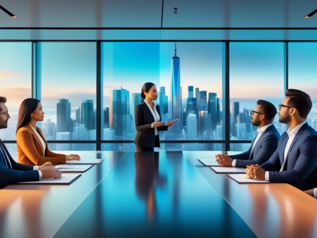 Inversionistas globales en sala de juntas futurista Inversiones inmobiliarias bajo riesgo en Norteamérica: Inversores globales discuten oportunidades en un moderno y luminoso tablero de negocios
