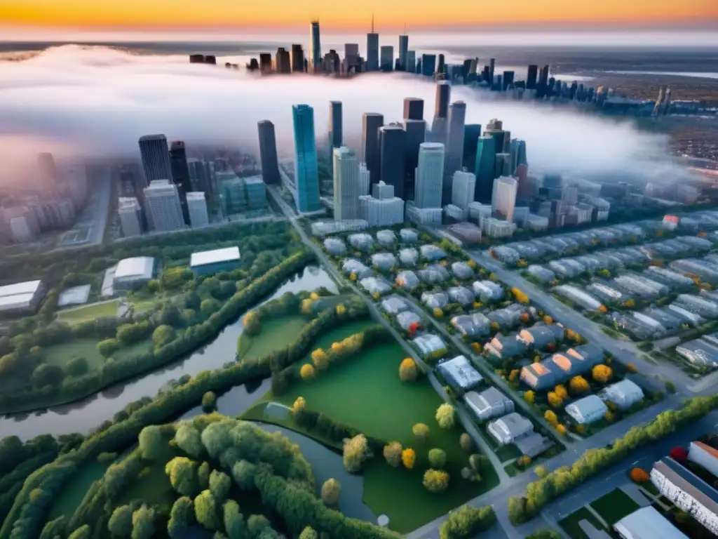 Horizonte urbano vibrante en América del Norte Inversiones inmobiliarias bajo riesgo en Norteamérica: vista aérea de una moderna ciudad con rascacielos y espacios verdes