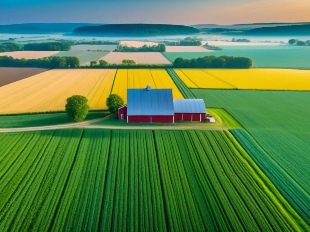 Vista aérea de granja rural: oportunidad y belleza Inversiones inmobiliarias rurales en Norteamérica: Campo verde y granero bajo cielo azul sereno