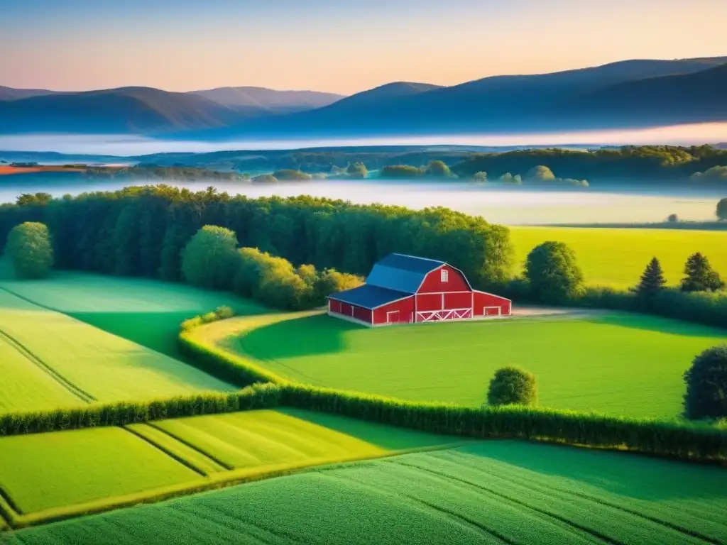 Paisaje rural idílico en América del Norte Inversiones inmobiliarias rurales en Norteamérica: Granja americana con campos verdes y un granero rojo al atardecer