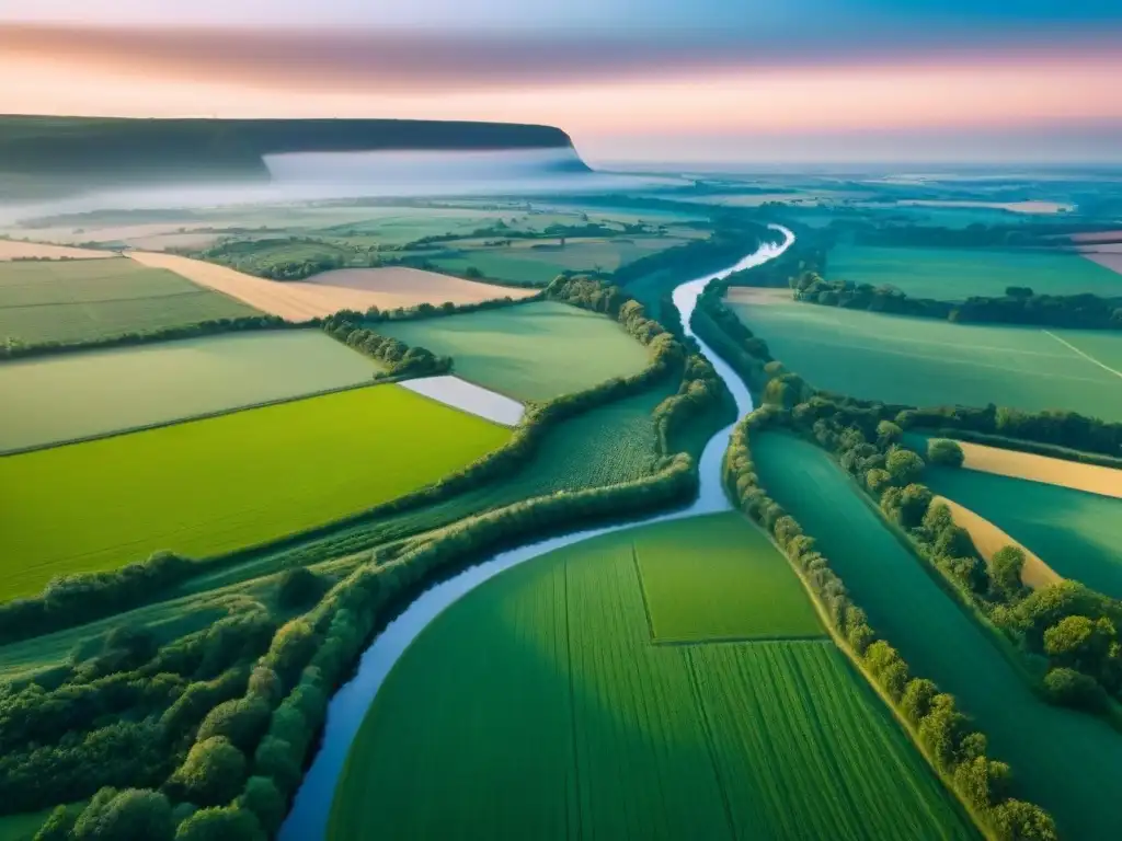 Granja idílica al atardecer: Inversiones rurales en Norteamérica Inversiones inmobiliarias rurales en Norteamérica: Hermosa vista aérea de extensos campos verdes y una granja al atardecer