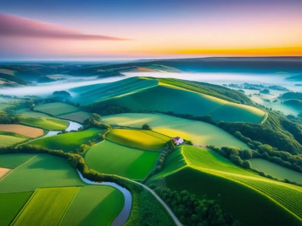 Hermoso paisaje rural en América del Norte: inversión en bienes raíces Inversiones inmobiliarias rurales en Norteamérica: Maravilloso paisaje rural con colinas verdes, ríos sinuosos y granjas encantadoras al atardecer