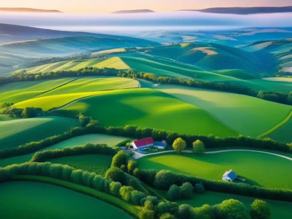Oportunidades de Inversión: Paisajes Rurales en América del Norte Inversiones inmobiliarias rurales Norteamérica: Vista aérea de paisaje rural con granjas y arroyos bajo la cálida luz del atardecer