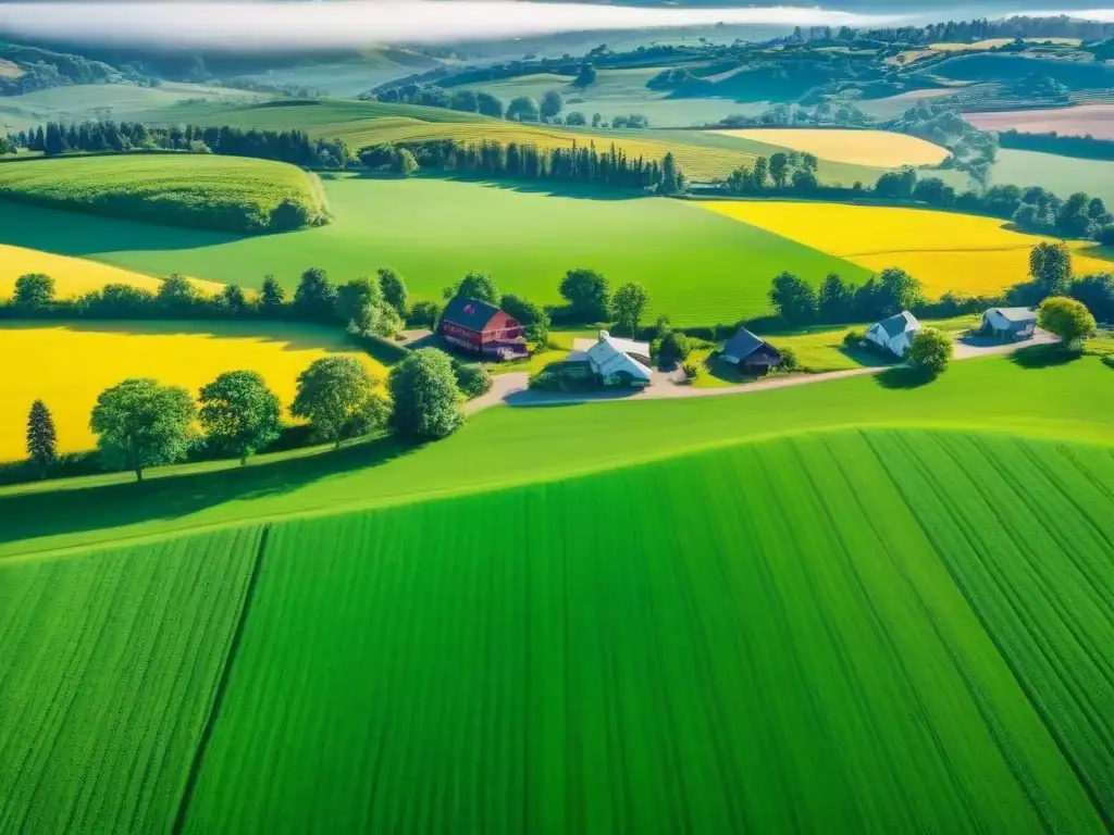 Vista aérea impresionante de paisaje rural en América del Norte Inversiones inmobiliarias rurales en Norteamérica: paisaje rural con colinas verdes y granjas pintorescas bajo cálido sol