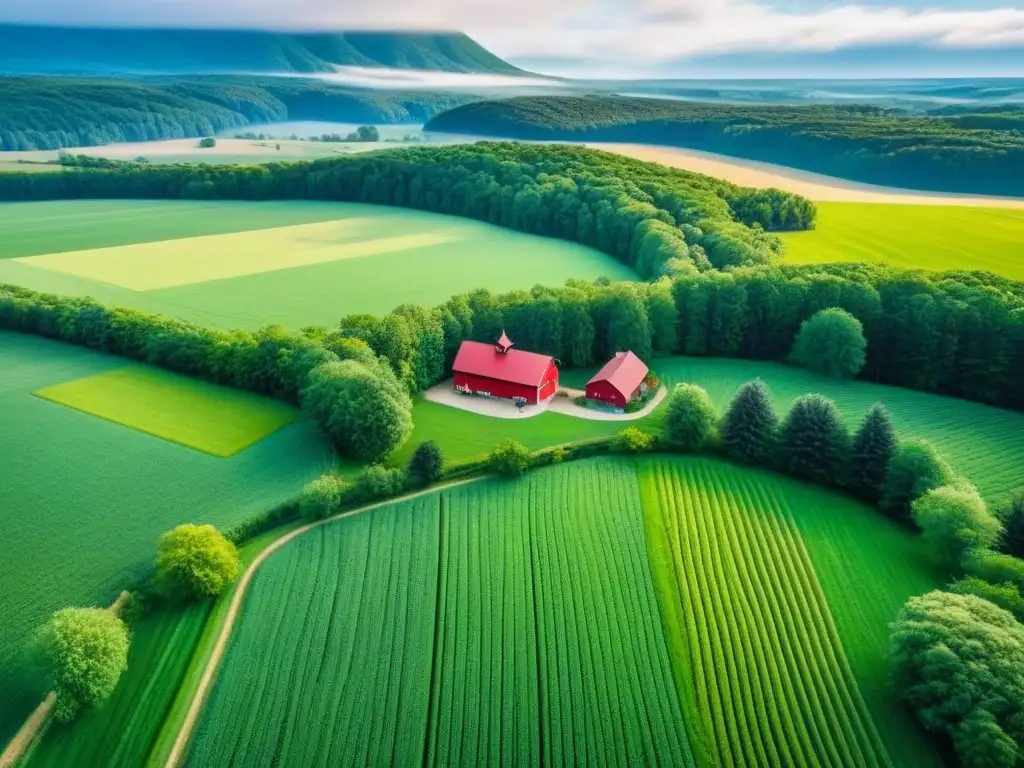 Espléndida vista aérea de paisaje rural en América del Norte Inversiones inmobiliarias rurales en Norteamérica: Vista aérea de exuberante paisaje rural con granja y campos