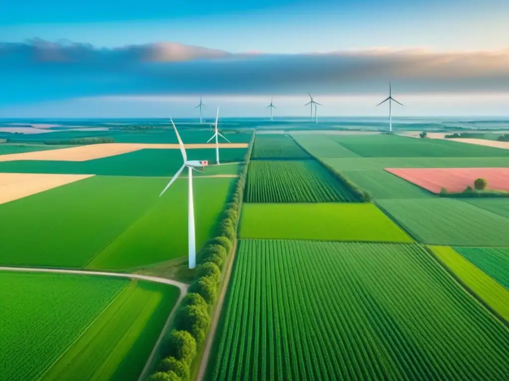 Campo verde y energía sostenible en América del Norte Inversiones inmobiliarias rurales en Norteamérica: Vista aérea de campos verdes extensos con molino eólico y granja al fondo