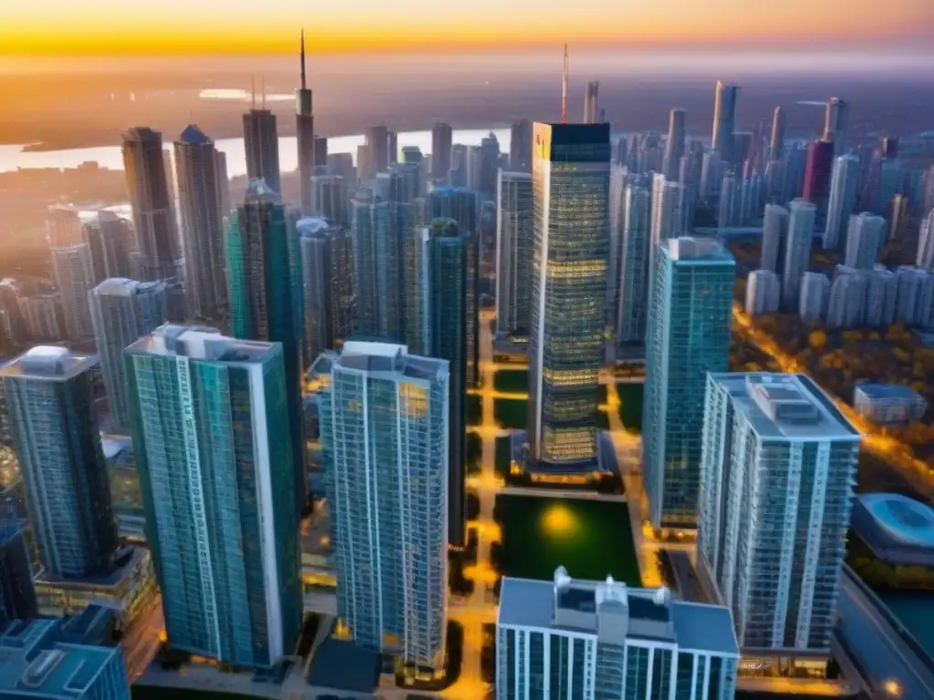 Condominios modernos en Toronto: inversión segura y sofisticada Inversiones inmobiliarias seguras en Canadá: un complejo de condominios modernos junto al vibrante paisaje urbano de Toronto al atardecer