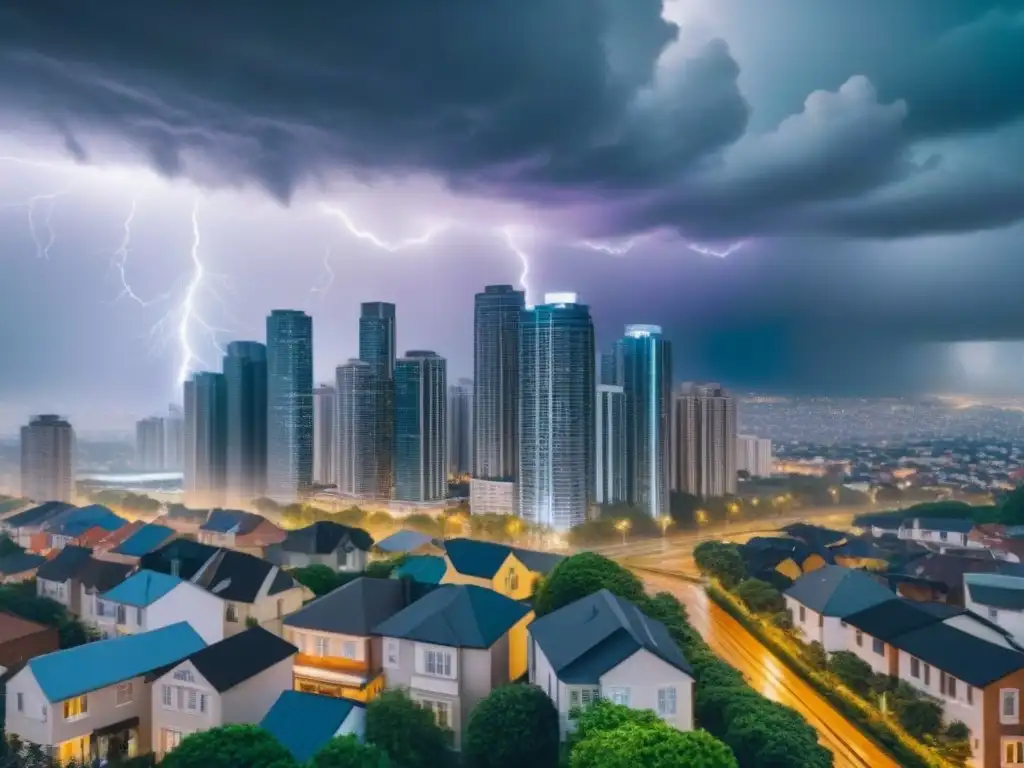 Inversiones inmobiliarias en crisis: luces y sombras Inversiones inmobiliarias seguras en crisis: ciudad con rascacielos bajo tormenta y barrio residencial tranquilo