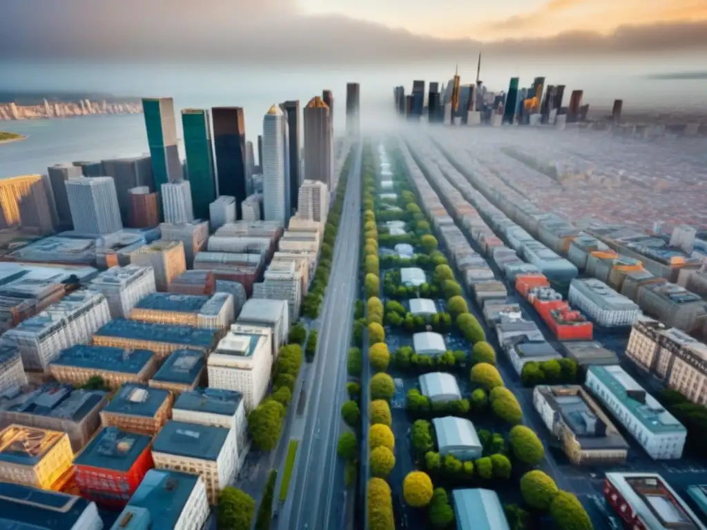 Contraste urbano: inversión inmobiliaria en crisis Comparación entre inversiones inmobiliarias seguras en crisis: lado comercial con rascacielos y lado residencial con casas y vegetación