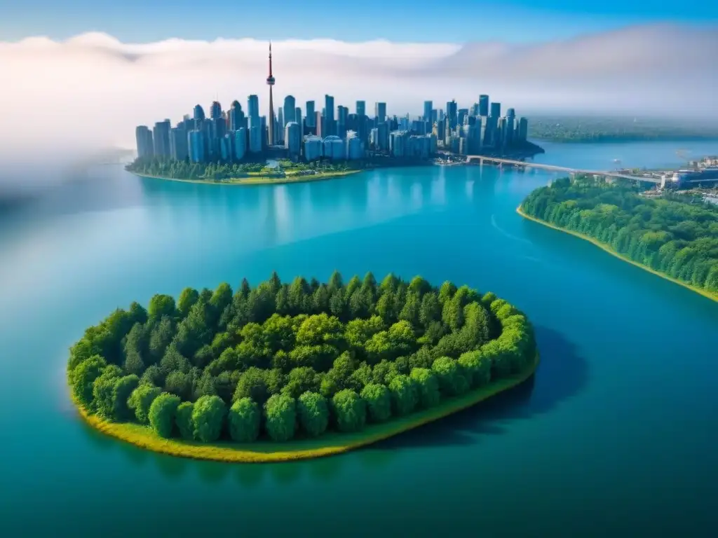 Espléndida vista aérea: skyline moderno y naturaleza en ciudad canadiense Inversiones inmobiliarias seguras en Canadá: modernos rascacielos rodeados de vegetación y agua, bajo un cielo azul
