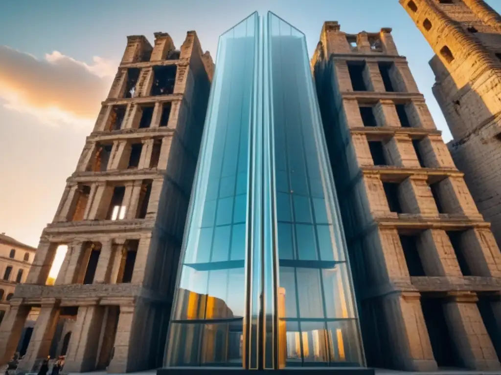 Rascacielos de cristal fusionado con ruinas históricas: armonía arquitectónica Inversiones inmobiliarias en sitios históricos: Fusión perfecta de arquitectura moderna y ruinas antiguas iluminadas por el sol