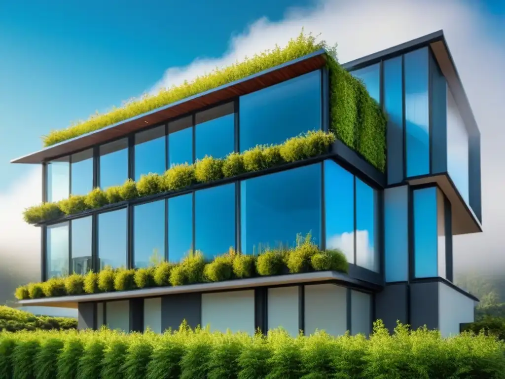 Arquitectura sostenible: Edificio moderno en armonía con la naturaleza Inversiones inmobiliarias sostenibles combaten cambio climático con edificio ecoamigable rodeado de naturaleza y paneles solares