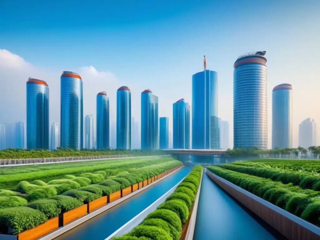 Skyline futurista: arquitectura sostenible y naturaleza fusionadas Inversiones inmobiliarias sostenibles internacionalmente: Ciudad futurista con rascacielos ecológicos y jardines verticales
