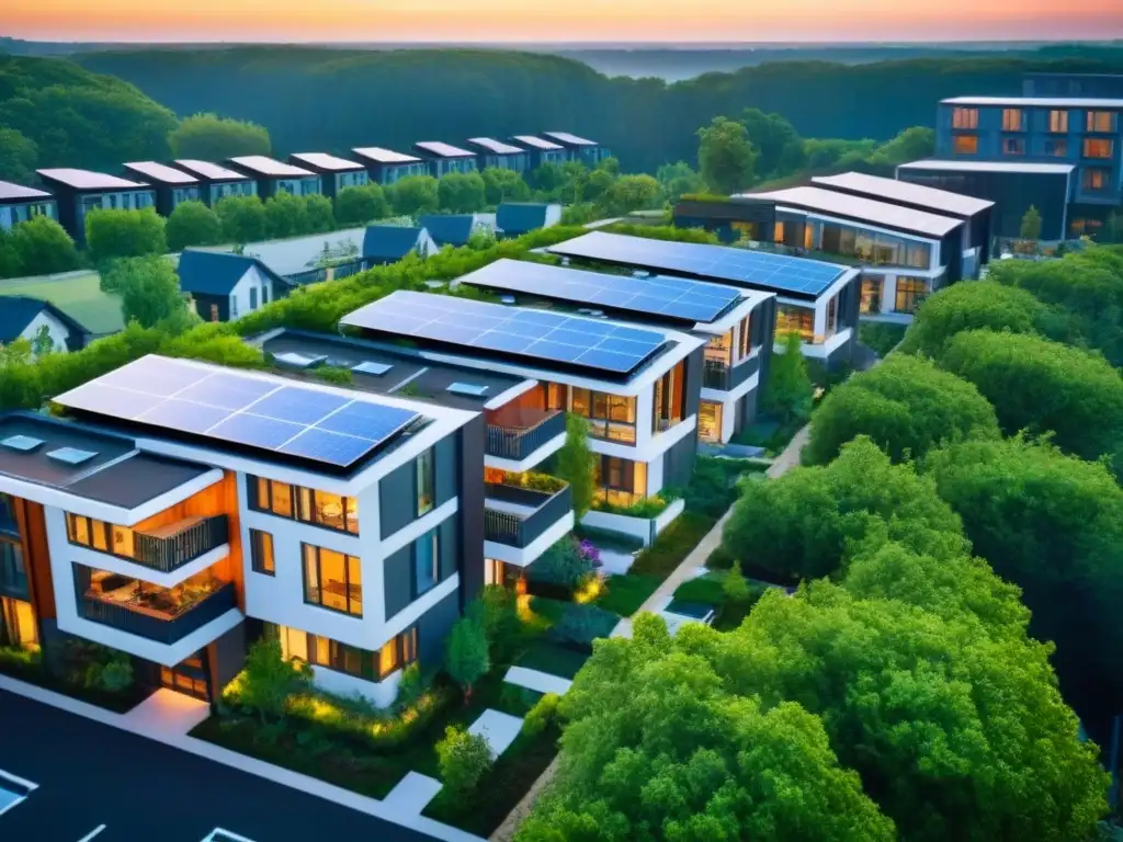 EcoViviendas sostenibles en Norteamérica Inversiones inmobiliarias sostenibles en Norteamérica: Complejo residencial sostenible con techos verdes, paneles solares y diseño ecoeficiente