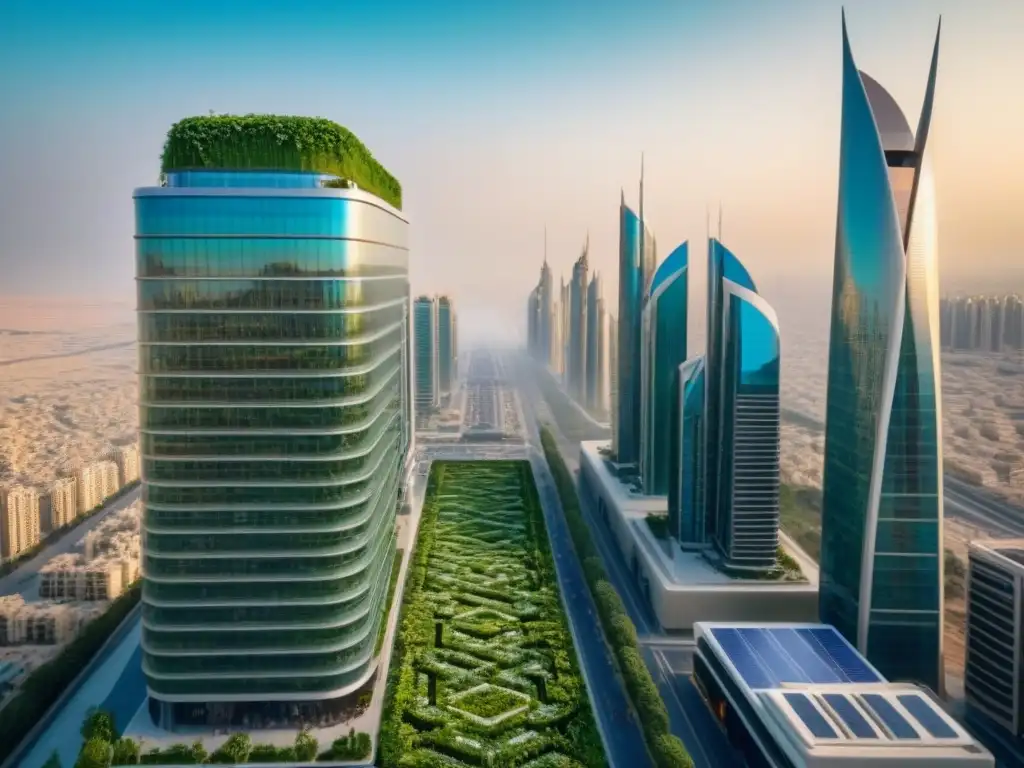 Esplendor sostenible: rascacielos futurista en ciudad del Medio Oriente Inversiones inmobiliarias sostenibles en el corazón de una ciudad futurista del Medio Oriente, con rascacielos y jardines verticales