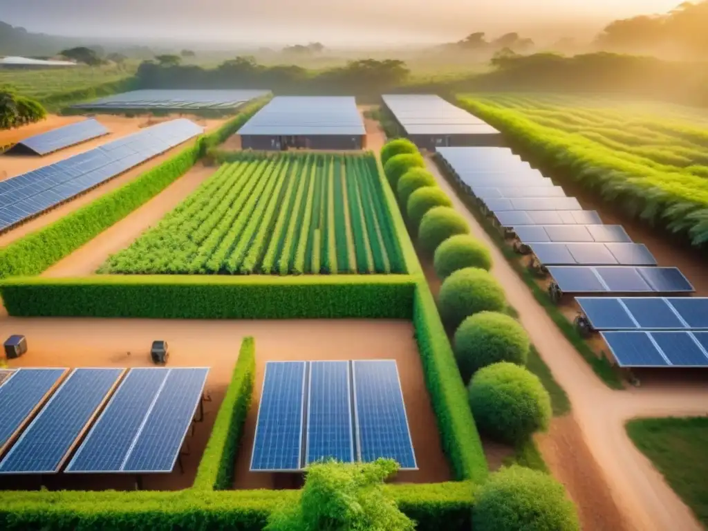 Desarrollo sostenible en África: urbanismo ecofriendly Inversiones inmobiliarias sostenibles en África: Desarrollo ecoamigable con edificios modernos, paneles solares y jardín comunitario