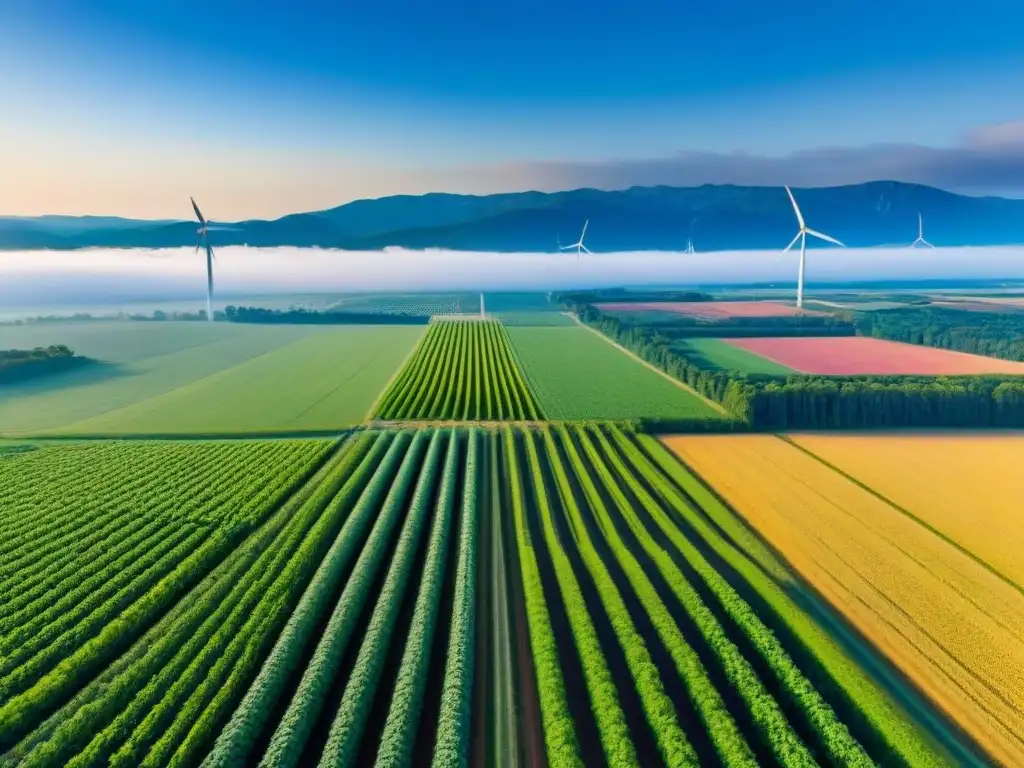 Granja sostenible con energía renovable en América del Norte Inversiones inmobiliarias sostenibles en Norteamérica: Granja ecoamigable con cultivos verdes, paneles solares y molinos de viento bajo el cielo azul