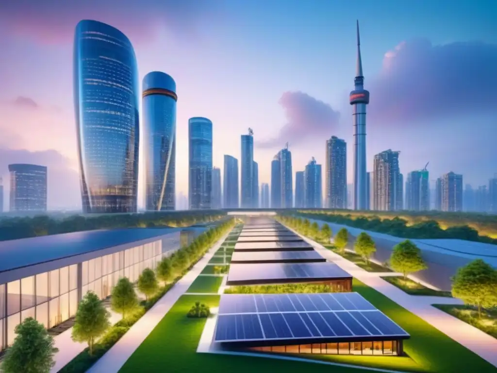 Metrópolis sostenible: skyline futurista y verde al atardecer Inversiones inmobiliarias sostenibles internacionales: Ciudad futurista con rascacielos verdes y energía renovable al anochecer
