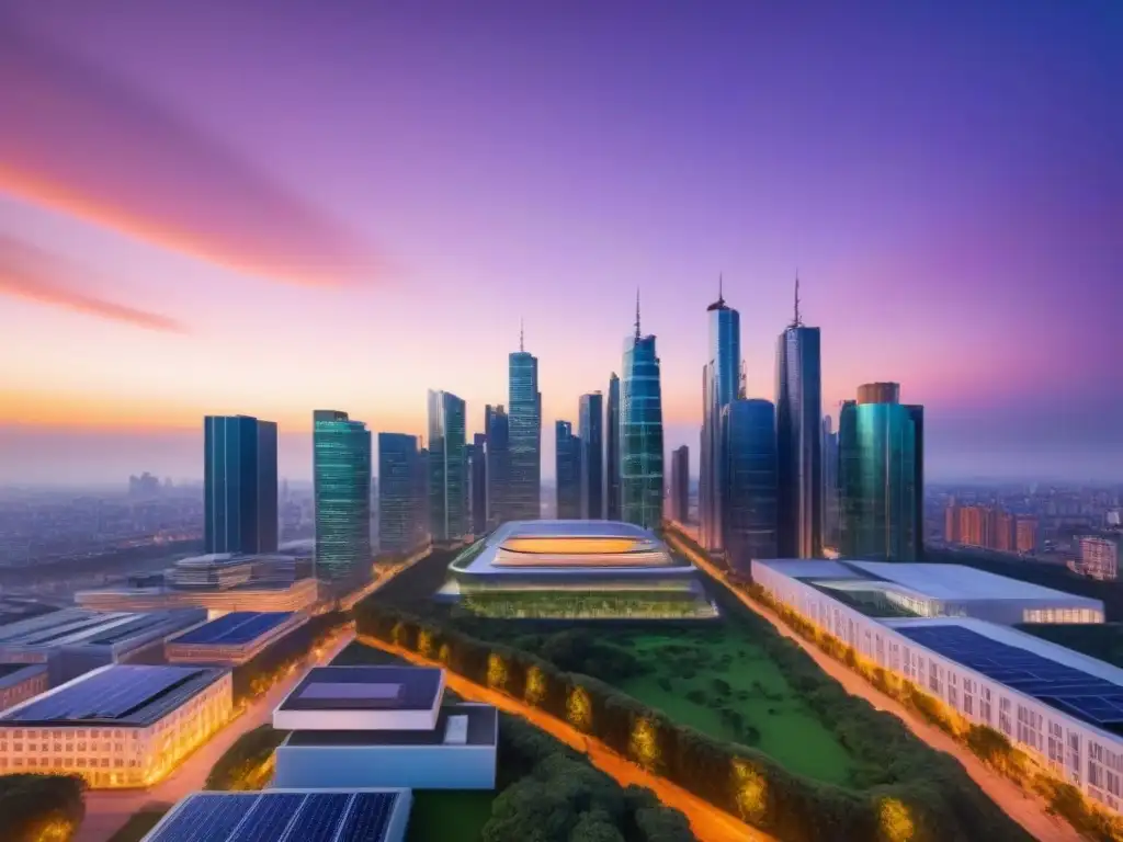 Horizonte urbano del futuro: arquitectura sostenible en atardecer Inversiones inmobiliarias sostenibles internacionales: Una ciudad futurista al anochecer, con rascacielos sostenibles y diseño ecoamigable