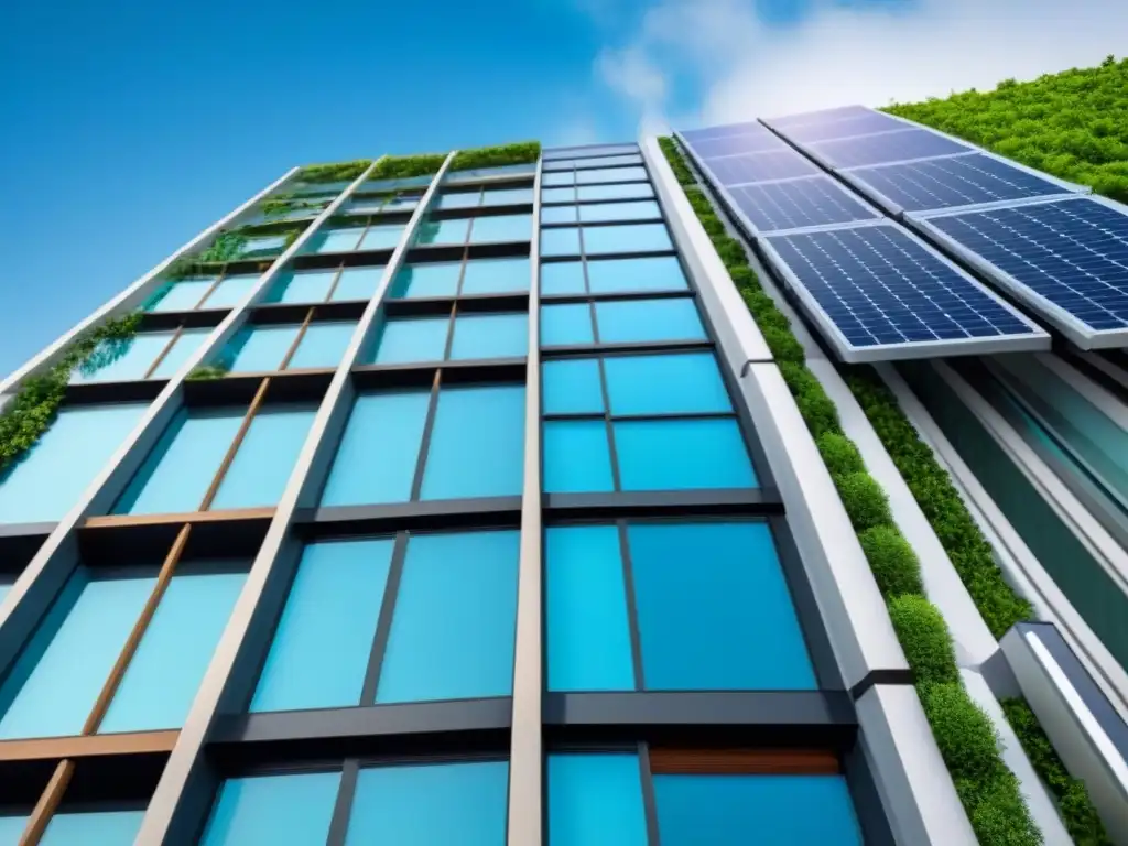 Edificio de lujo sostenible con diseño moderno y energético Inversiones inmobiliarias sostenibles internacionales: Edificio moderno rodeado de vegetación, paneles solares y diseño ecoeficiente