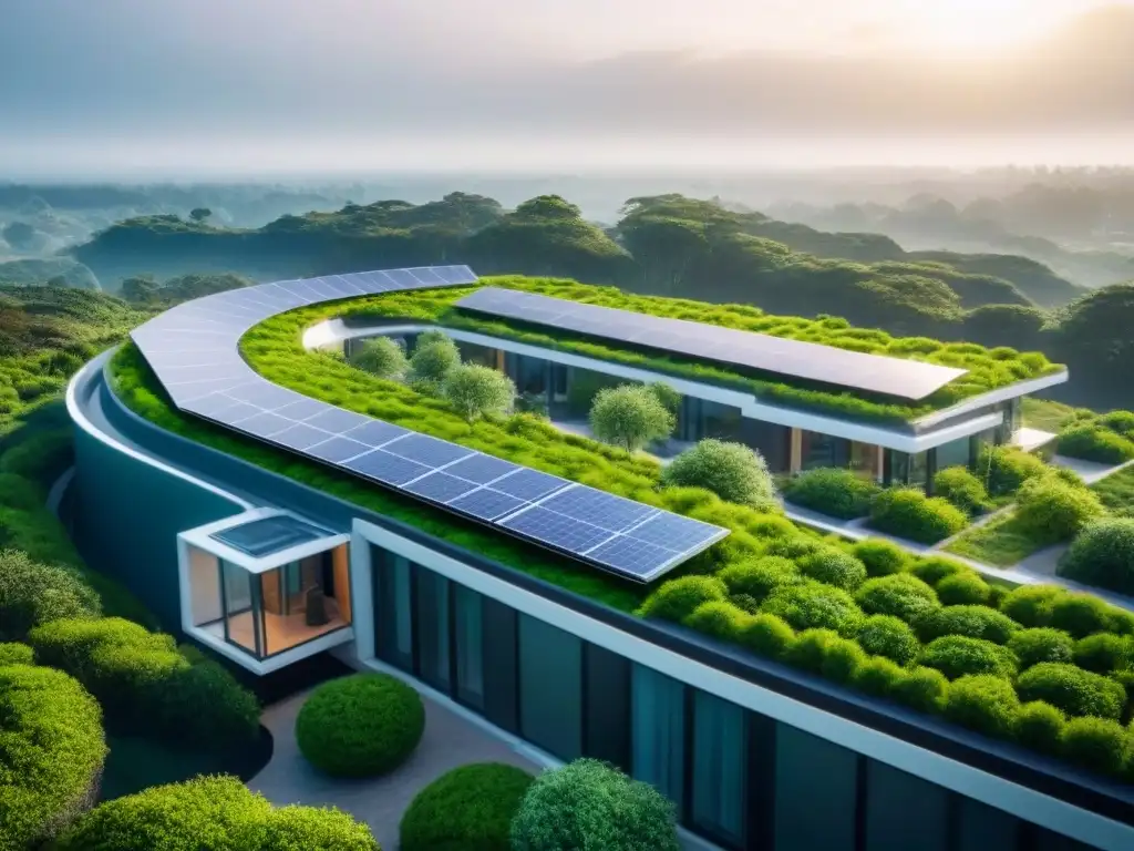 Desarrollo inmobiliario sostenible: modernidad ecofriendly Inversiones inmobiliarias sostenibles internacionales: Desarrollo ecoamigable con edificios modernos rodeados de espacios verdes y paneles solares