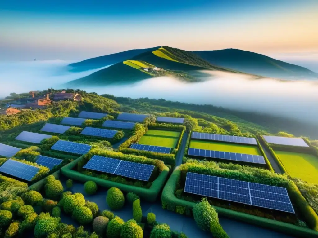 Metrópolis sostenible del futuro: edificios verdes y energía solar Inversiones inmobiliarias sostenibles internacionales: Ciudad moderna y sostenible con edificios verdes y paneles solares bajo cielo azul
