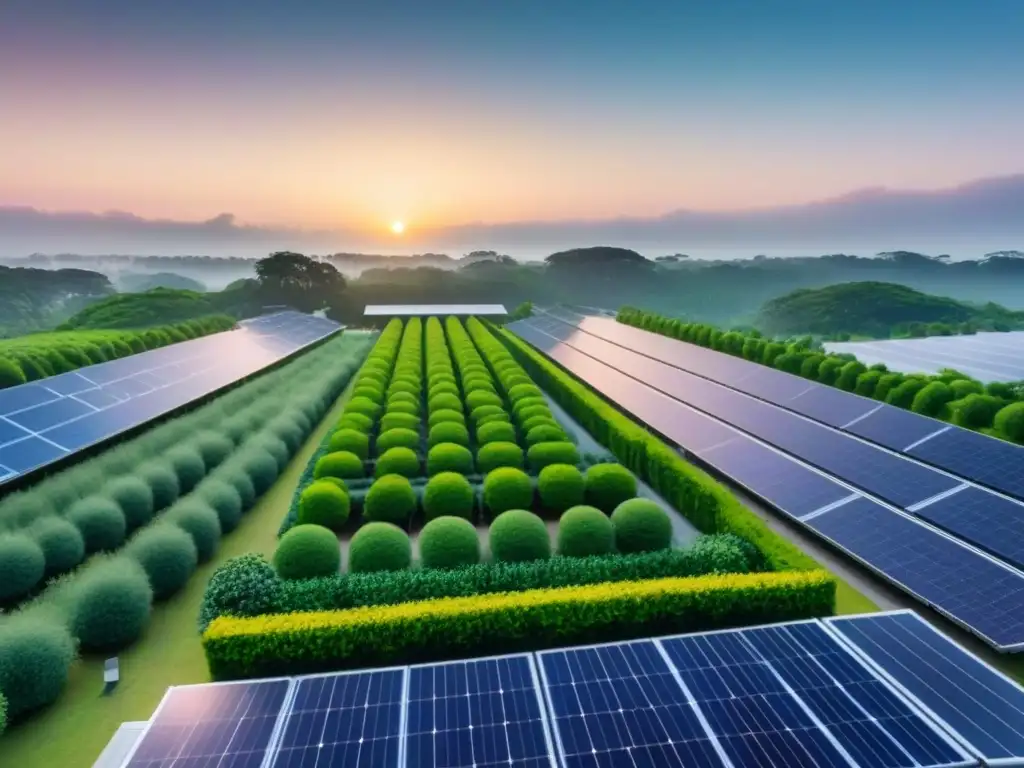 Complejo sostenible: arquitectura moderna en armonía con la naturaleza Inversiones inmobiliarias sostenibles internacionales: complejo verde con paneles solares, arquitectura moderna y naturaleza exuberante al atardecer