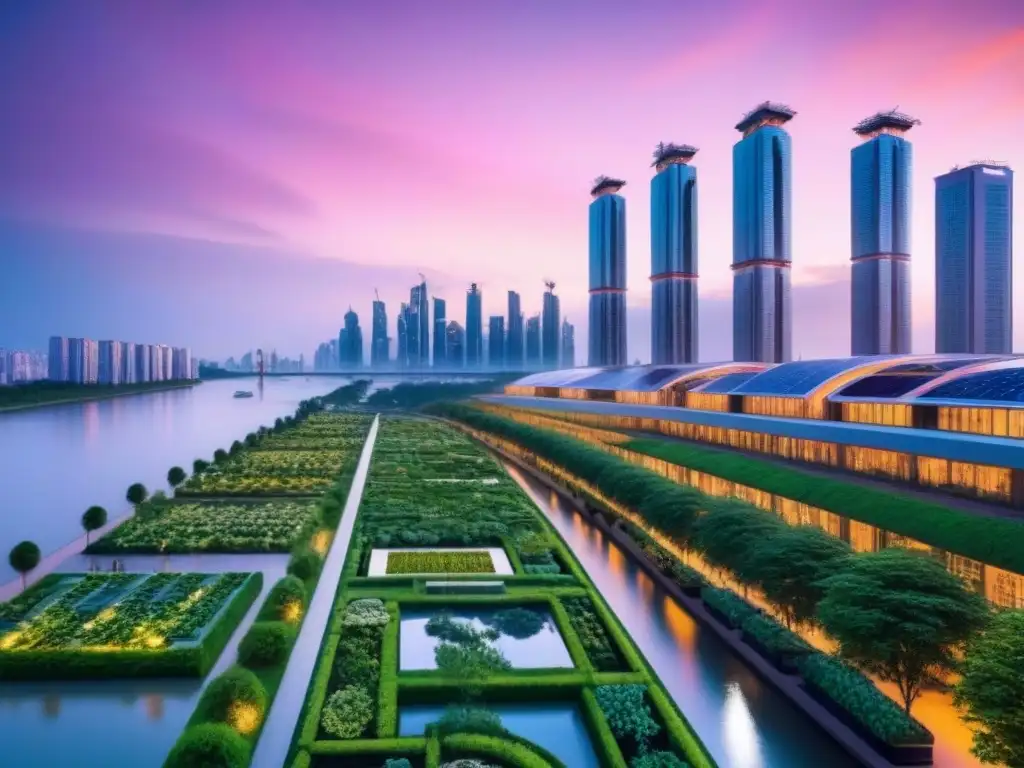 Metrópolis sostenible futurista al atardecer Inversiones inmobiliarias sostenibles internacionales: Ciudad futurista ecoamigable al atardecer, con rascacielos verdes y tecnología integrada