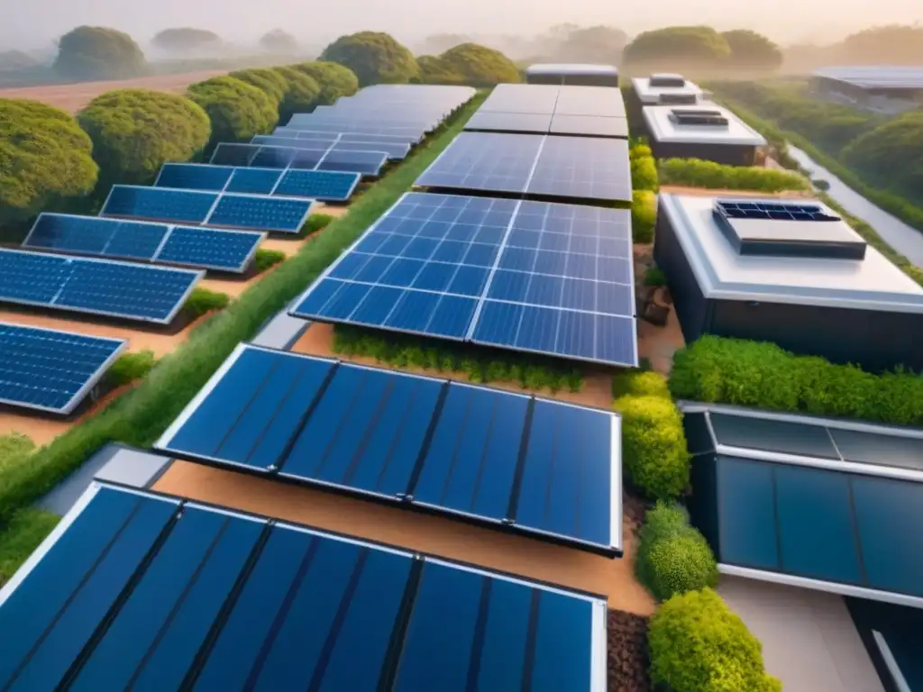 Desarrollo inmobiliario sostenible: vista aérea ecoamigable Inversiones inmobiliarias sostenibles internacionales: Vista aérea de desarrollo inmobiliario ecoamigable con paneles solares y espacios verdes