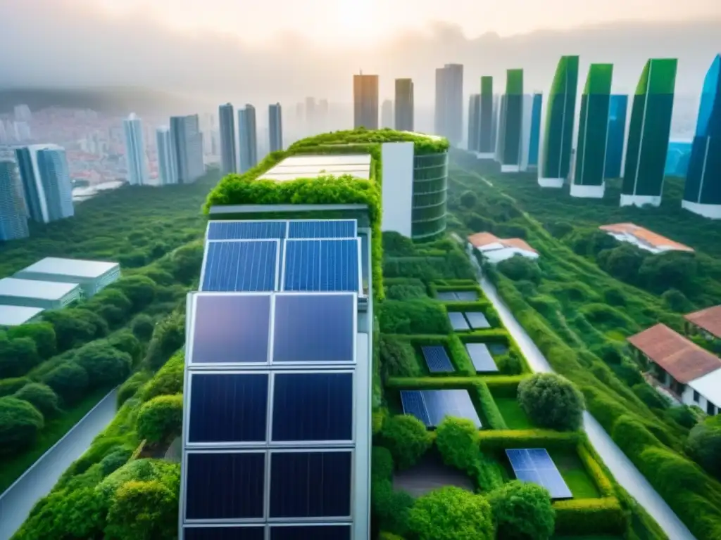 Rascacielos sostenible con vegetación exuberante en 8k Inversiones inmobiliarias sostenibles internacionales: rascacielos moderno con vegetación y paneles solares, ciudad al fondo