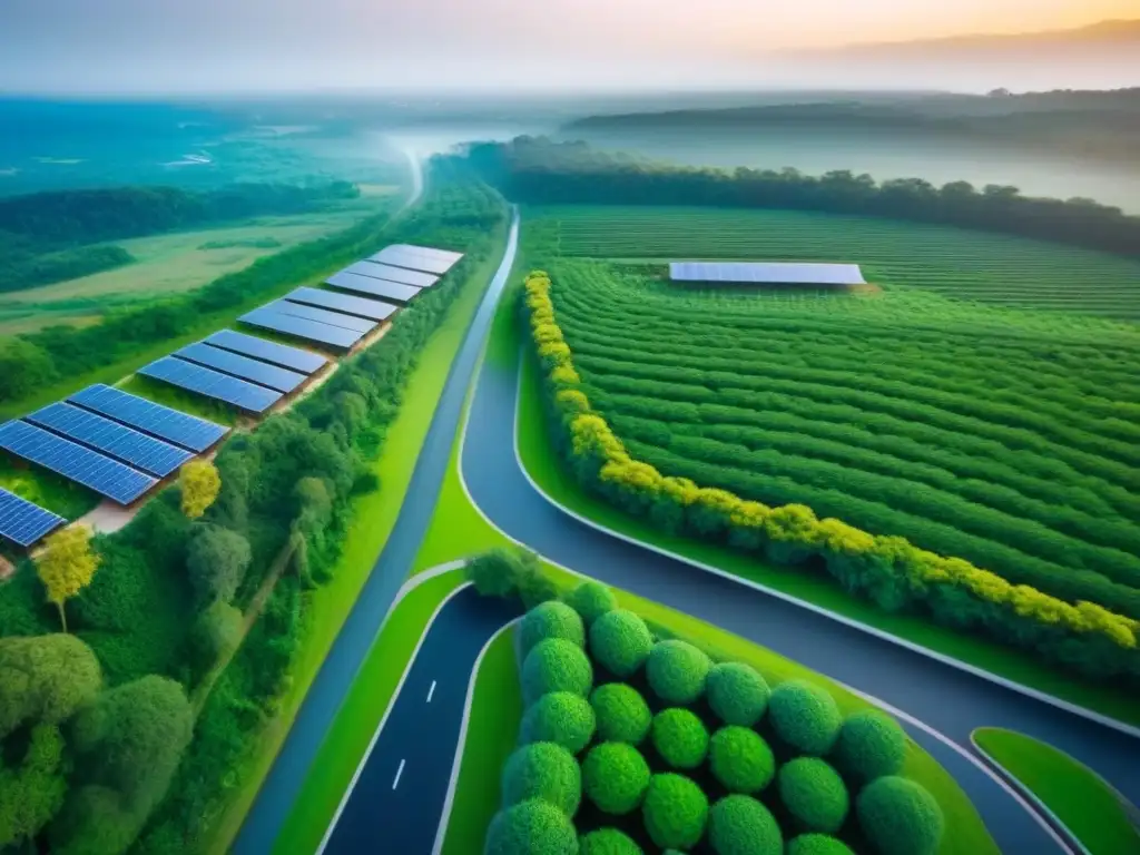 Desarrollo inmobiliario sostenible: armonía entre naturaleza y modernidad Inversiones inmobiliarias sostenibles internacionales: Arquitectura ecológica rodeada de naturaleza y paneles solares brillantes