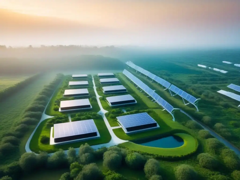 Desarrollo sostenible: arquitectura ecofriendly en entorno natural Inversiones inmobiliarias sostenibles internacionales: Desarrollo urbano ecoamigable rodeado de naturaleza, energía renovable y arquitectura futurista