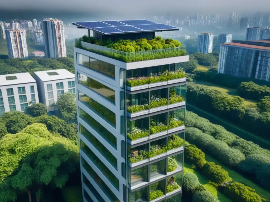 Rascacielos sostenible: armonía entre naturaleza y urbanismo Inversiones inmobiliarias sostenibles internacionales: Un rascacielos moderno rodeado de naturaleza, paneles solares y una ciudad armoniosa al fondo